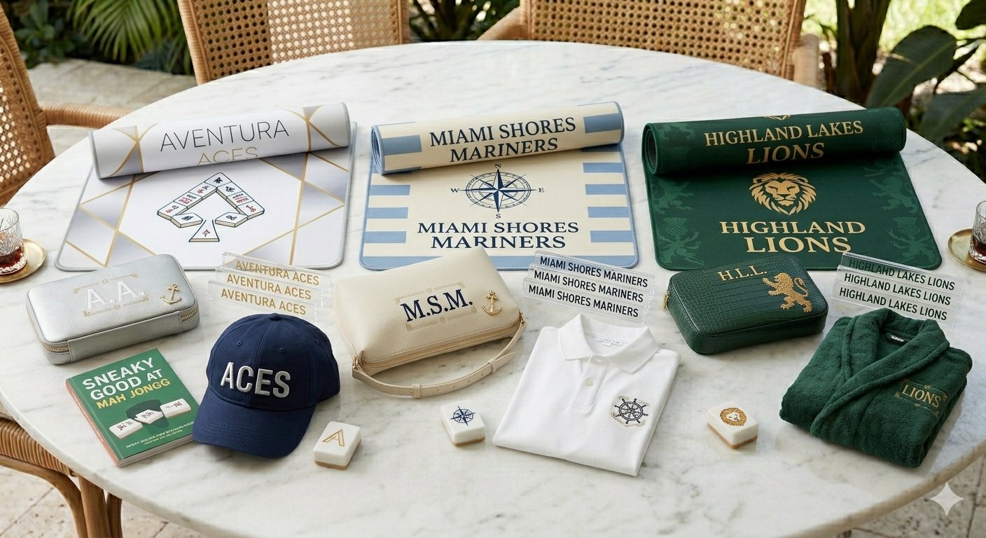 The Mahj Society — Three custom branded Mah Jongg club collections: Aventura Aces, Miami Shores Mariners, and Highland Lakes Lions with mats, bags, tiles, apparel, and accessories