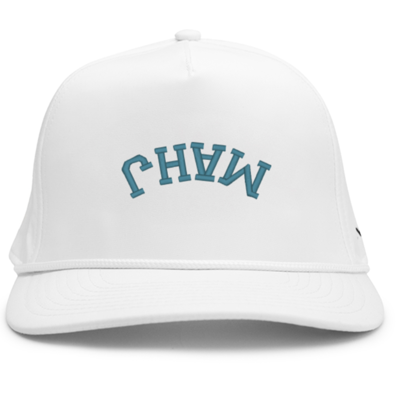 White snapback hat with upside-down MAHJ embroidery in teal
