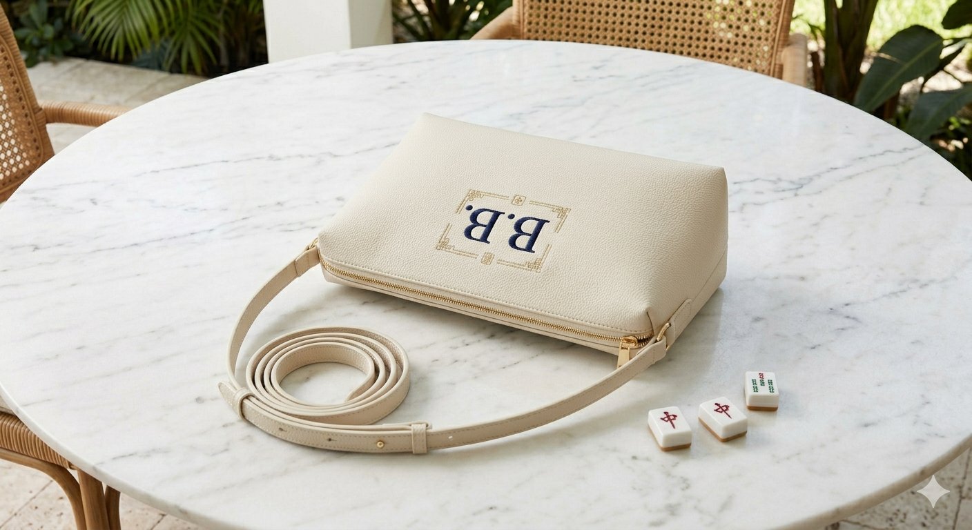 Monogrammed vegan leather Mah Jongg tile tote with B.B. initials in navy and gold