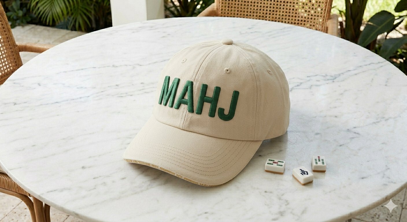 Khaki cotton twill cap with bold embroidered MAHJ lettering in forest green