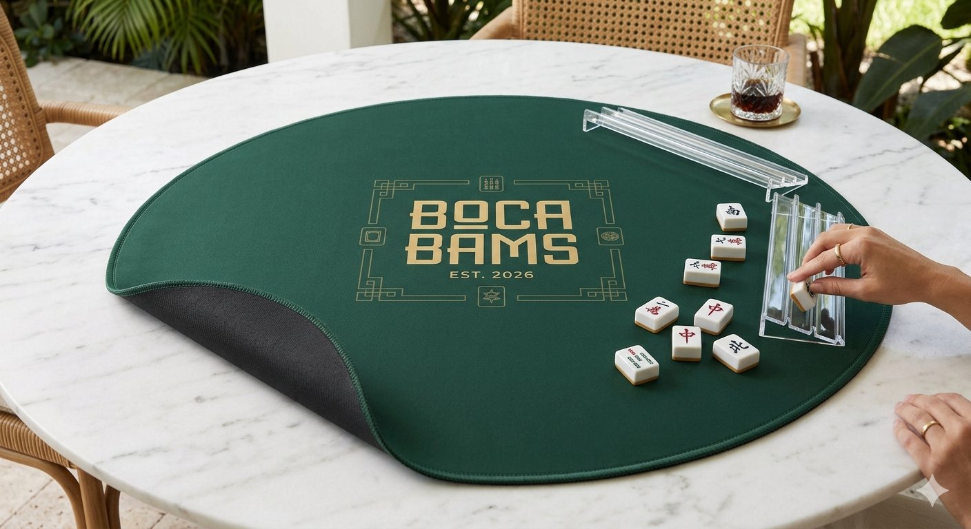 Boca Bams custom branded neoprene Mah Jongg mat in forest green with gold club logo and clear acrylic rack