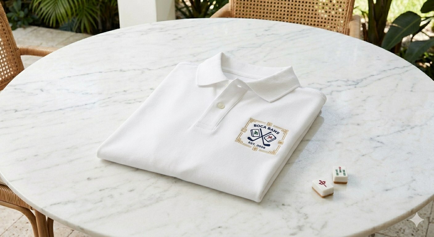White pima cotton polo with embroidered Boca Bams Mah Jongg club crest